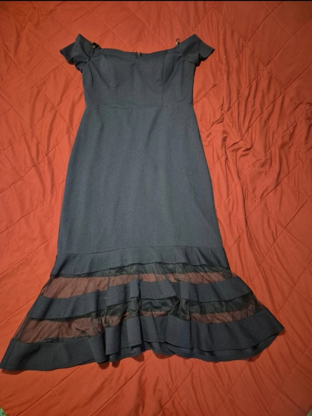 BECCA Navy Strapless Sheer-Panel Ruffle Hem Dress